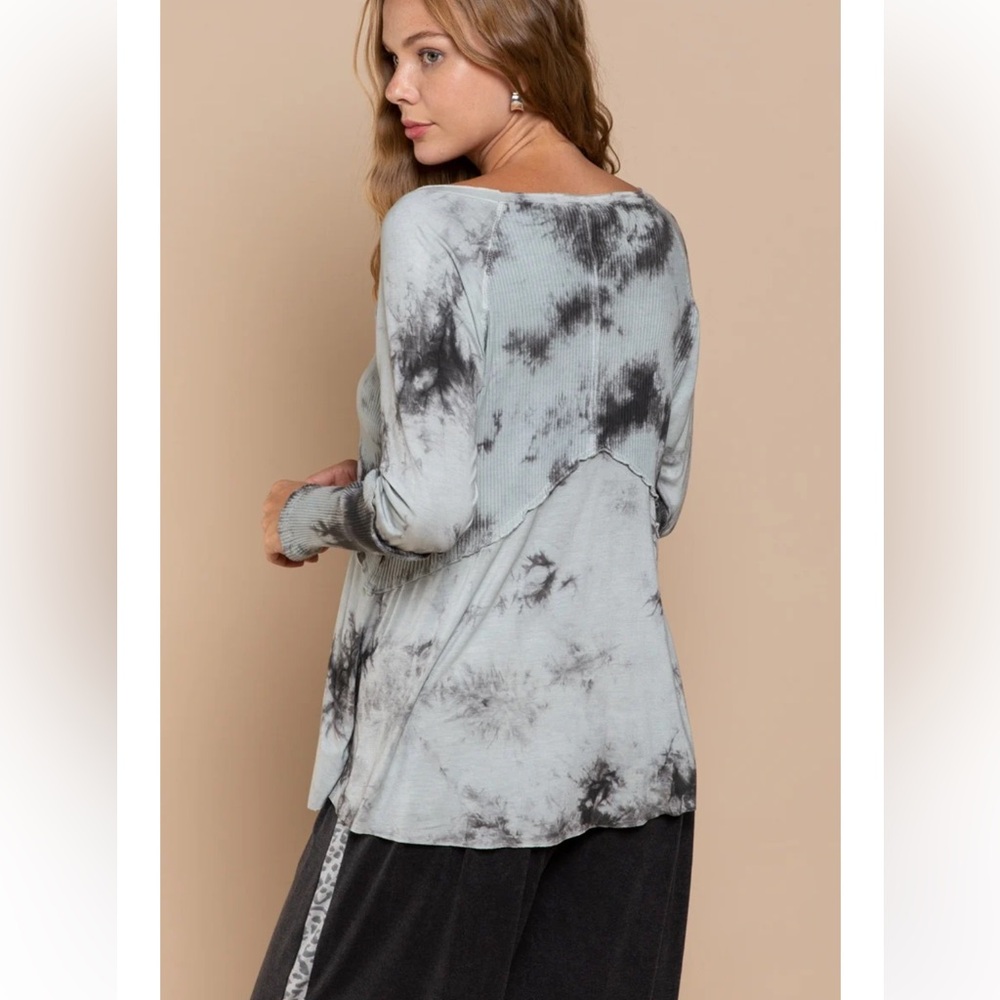 Pol Grey Tie Dye Long Sleeve Jersey Knit Babydoll Top Size S - Picture 4 of 15